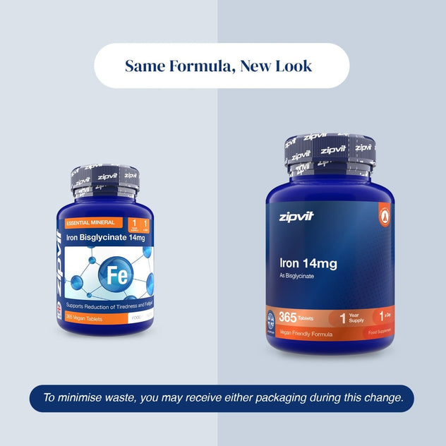 Two blue supplement bottles from zipvit on a light gray background with text reading 'Same Formula, New Look' and a note about minimizing waste. The left bottle shows an orange-and-white label, and the right bottle shows a dark blue-to-orange label.