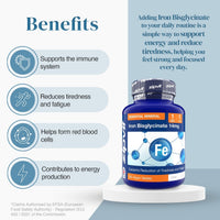 Benefits panel showing immune support fatigue relief red blood cells and energy production beside the iron bisglycinate bottle.