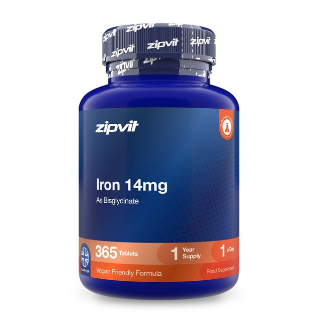 A blue plastic bottle of zipvit Zinc 25mg dietary supplement, containing 365 tablets for a year supply, on a clean white background.