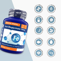 Blue Iron Bisglycinate 14 mg supplement bottle with essential mineral label and Fe molecular graphic