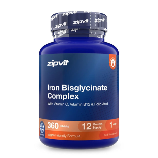 A blue plastic bottle of zipvit Iron Bisglycinate Complex dietary supplement with a dark blue and orange label, containing 360 tablets.