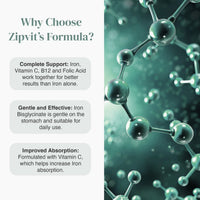 Benefits panel for Zipvit Iron Bisglycinate outlining immune support energy production and iron absorption beside the bottle.