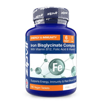 Blue bottle of Iron Bisglycinate Complex with energy and immunity branding and molecular graphics.