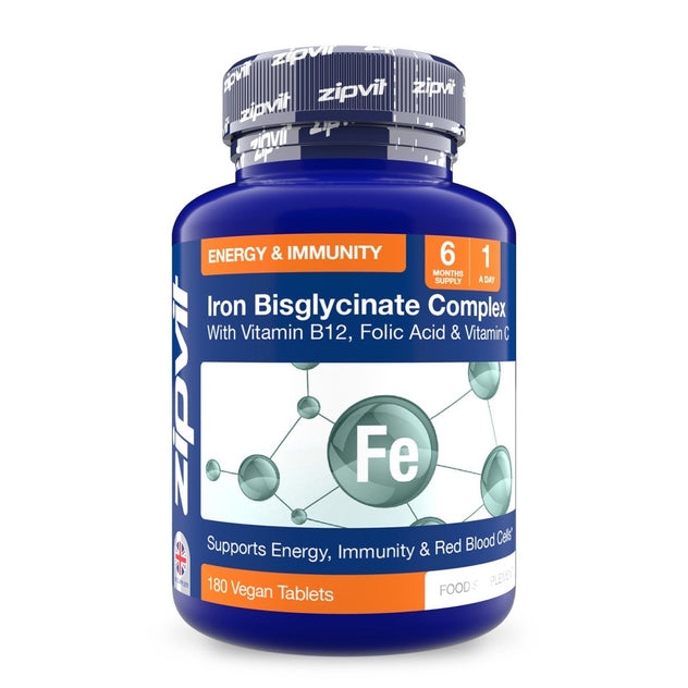Blue bottle of Iron Bisglycinate Complex with energy and immunity branding and molecular graphics.