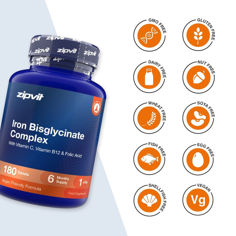 A blue bottle of zipvit Iron Bisglycinate Complex dietary supplement shown next to a grid of orange circular icons indicating product attributes such as GMO Free, Gluten Free, Dairy Free, Nut Free, Wheat Free, Soya Free, Fish Free, Egg Free, Shell Fish Free, and Vegan.