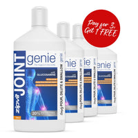 Three Joint Genie glucosamine bottles with a red pay for 3 get 1 free badge