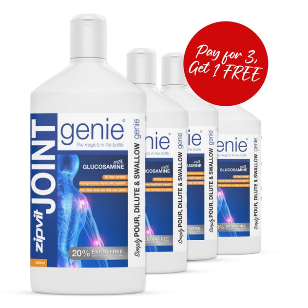 Three Joint Genie glucosamine bottles with a red pay for 3 get 1 free badge
