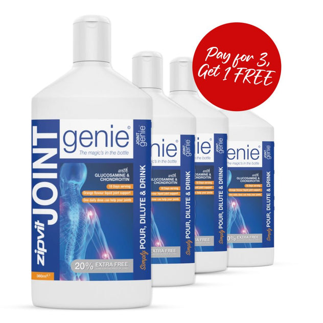 Four Joint Genie liquid glucosamine and chondroitin bottles with a red pay for 3 get 1 free sticker
