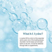 Blue molecular background with bubble shapes and a white rounded card reading What Is L-Lysine