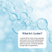 An informational graphic with a light blue bubbly background and a white rounded text box reading, 'What Is L-Lysine?' followed by a paragraph explaining that L-Lysine HCl is an essential amino acid and must be obtained through diet or supplements.