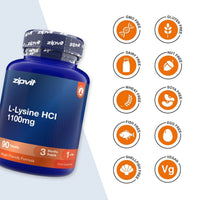 A blue bottle of zipvit L-Lysine HCl 1100mg dietary supplement shown next to a column of orange and white certification-style icons indicating product attributes such as GMO free, gluten free, dairy free, nut free, wheat free, soy free, fish free, egg free, shellfish free, and vegan.