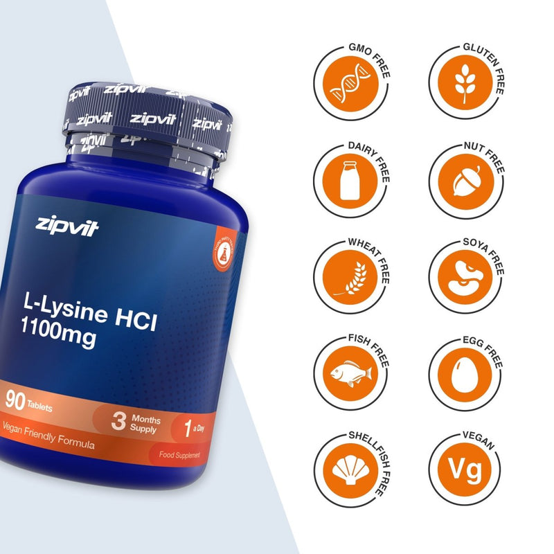 A blue bottle of zipvit L-Lysine HCl 1100mg dietary supplement shown next to a column of orange and white certification-style icons indicating product attributes such as GMO free, gluten free, dairy free, nut free, wheat free, soy free, fish free, egg free, shellfish free, and vegan.