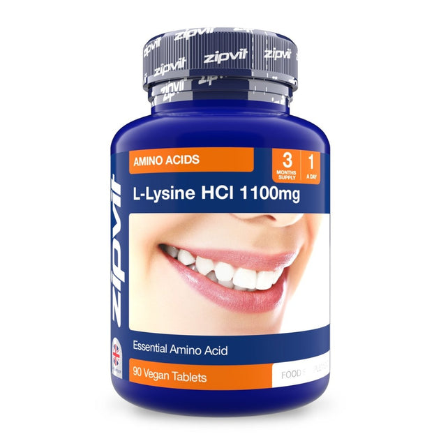 L-Lysine HCl 1100mg amino acid supplement bottle featuring a smiling mouth on the label