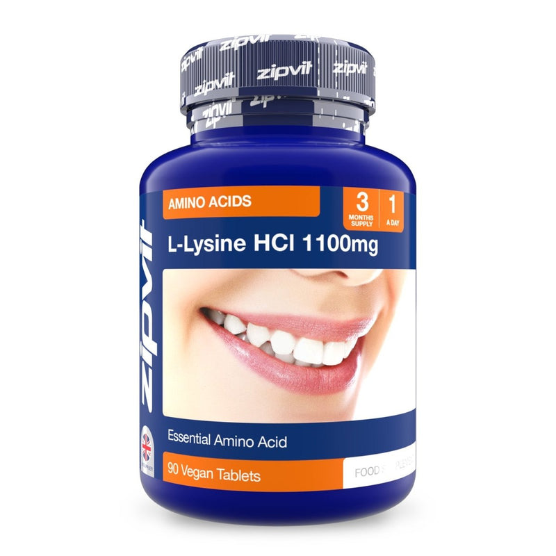 L-Lysine HCl 1100mg amino acid supplement bottle featuring a smiling mouth on the label