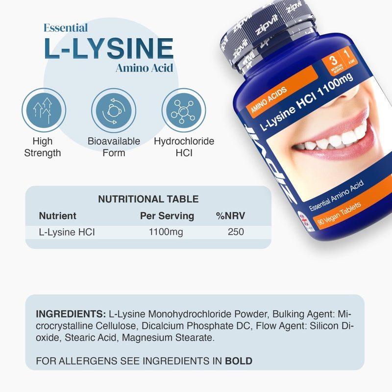 Blue bottle of L-Lysine HCI 1100mg angled beside essential L-LYSINE text and a nutrition panel on the packaging