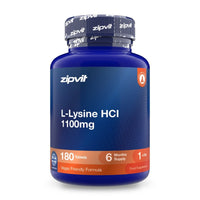 A blue bottle of zipvit L-Lysine HCl 1100mg dietary supplement, containing 180 tablets, on a white background.