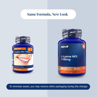 Two blue supplement bottles of zipvit L-Lysine HCl 1100mg shown on a split light gray background with text reading 'Same Formula, New Look' and a note about minimizing waste.