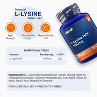 A bottle of zipvit L-Lysine HCl 1100mg dietary supplement shown on a light gray background with informational graphics, including icons for high strength, bioavailable form, and hydrochloride form, a nutritional table, and ingredients list.