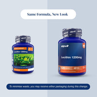 Two supplement bottles labeled Lecithin 1200mg on a light gray background, with text reading 'Same Formula, New Look' and a note about minimizing waste due to packaging change.