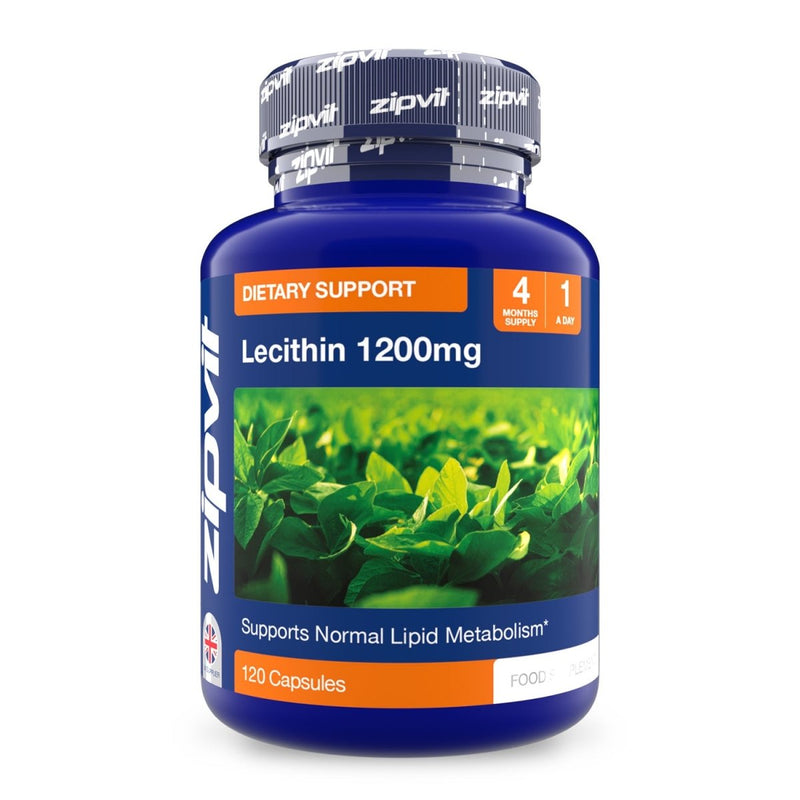 Blue Lecithin 1200mg bottle with green plant image on label and an orange dietary support badge