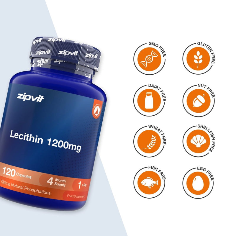 A blue bottle of zipvit Lecithin 1200mg dietary supplement capsules shown on a white background with orange circular icons indicating dietary certifications like GMO Free, Gluten Free, Dairy Free, Nut Free, Wheat Free, Shell Fish Free, Fish Free, and Egg Free.