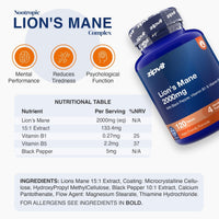 Nootropic Lion's Mane 2000mg supplement bottle by zipvit, featuring a blue bottle with a dark blue and orange label, shown alongside a nutritional table, benefits icons, and ingredients list on a white background.