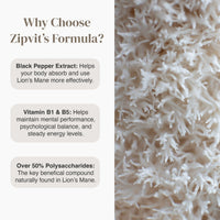 Benefits layout with three rounded text blocks detailing Black Pepper Extract Vitamin B1 and B5 and polysaccharides beside a close up Lion's Mane mushroom