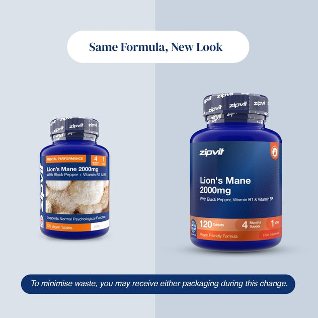 Two blue supplement bottles of zipvit Lion's Mane 2000mg are shown side by side on a light gray background with text reading 'Same Formula, New Look' and a note about minimizing waste due to packaging changes.