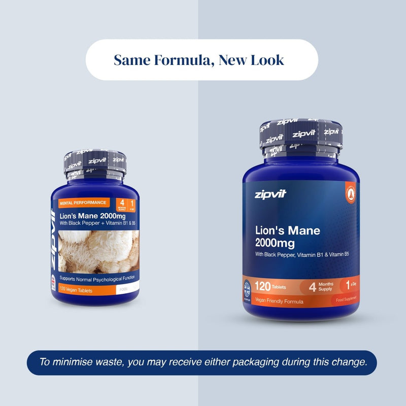 Two blue supplement bottles of zipvit Lion's Mane 2000mg are shown side by side on a light gray background with text reading 'Same Formula, New Look' and a note about minimizing waste due to packaging changes.