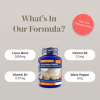 Blue Lion's Mane 2000mg bottle centered with What's In Our Formula graphic and a red badge reading Over 50% Polysaccharides