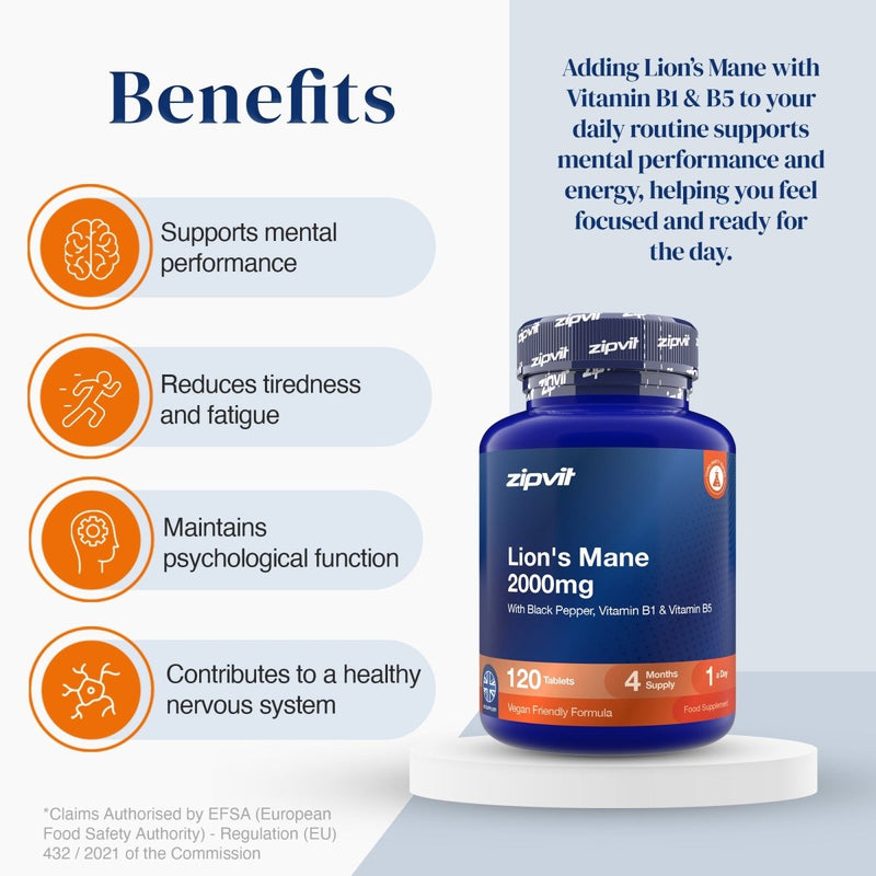 A bottle of zipvit Ginkgo Biloba 6000mg dietary supplement displayed on a white pedestal, next to a light blue panel detailing its benefits such as supporting mental performance and reducing fatigue.