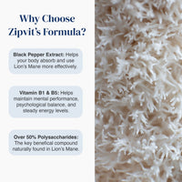 Promotional graphic for Zipvit's Formula featuring text on the left about Black Pepper Extract, Vitamin B1 & B5, and polysaccharides, next to a close-up texture shot of white Lion's Mane gummies.