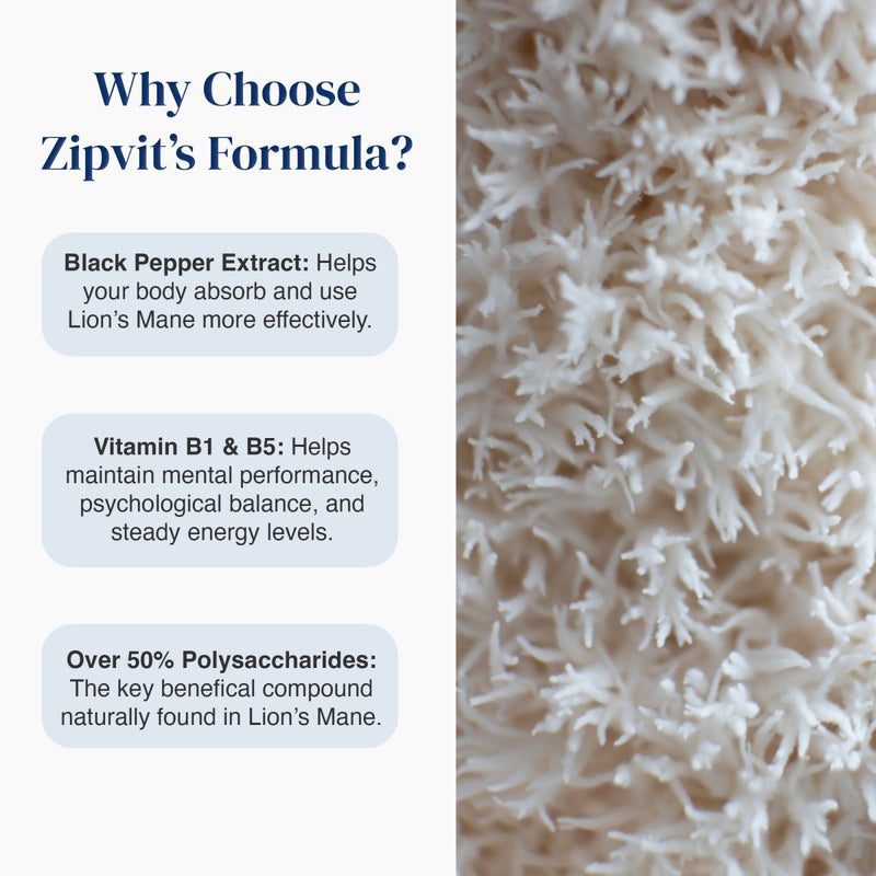 Promotional graphic for Zipvit's Formula featuring text on the left about Black Pepper Extract, Vitamin B1 & B5, and polysaccharides, next to a close-up texture shot of white Lion's Mane gummies.