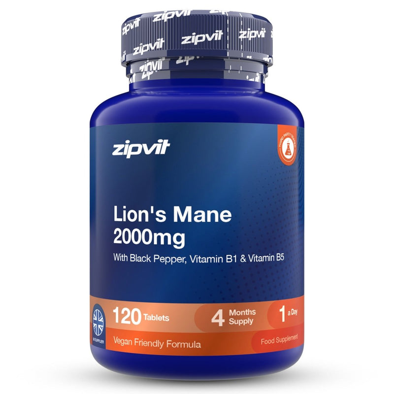 A blue plastic bottle of zipvit Lion's Mane 2000mg dietary supplement, featuring a dark blue label with white text and orange accents, complete with a matching blue cap printed with the zipvit brand name.