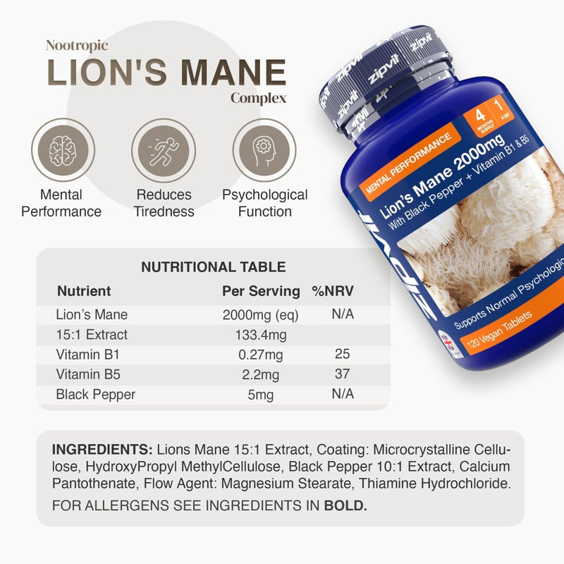 Tilted blue bottle of Lion's Mane 2000mg nootropic supplement with benefit icons and a nutritional table.