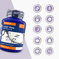 Blue Lutein 10mg eye health supplement bottle with Vitamin B2 on a lavender background and circular dietary icons