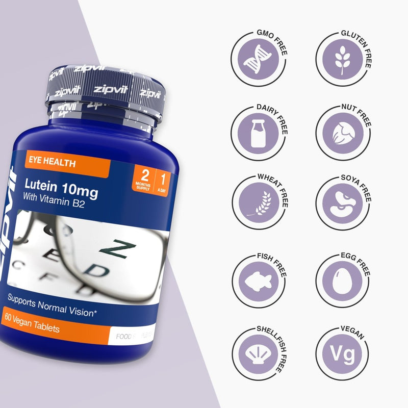 Blue Lutein 10mg eye health supplement bottle with Vitamin B2 on a lavender background and circular dietary icons