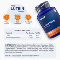 A bottle of zipvi Lutein 10mg dietary supplement shown on a light gray background with informational graphics, including three orange icon callouts for vision support, cell protection, and red blood cells, a nutritional table, and an ingredients list.