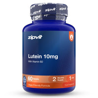 A blue plastic bottle of zipvit Lutein 10mg dietary supplement with a matching blue and white cap, shown on a clean white background.