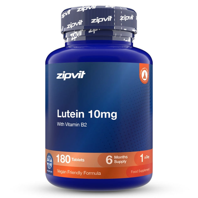 A blue bottle of zipvit Lutein 50mg dietary supplement with a ribbed dark blue cap, shown on a clean white background.