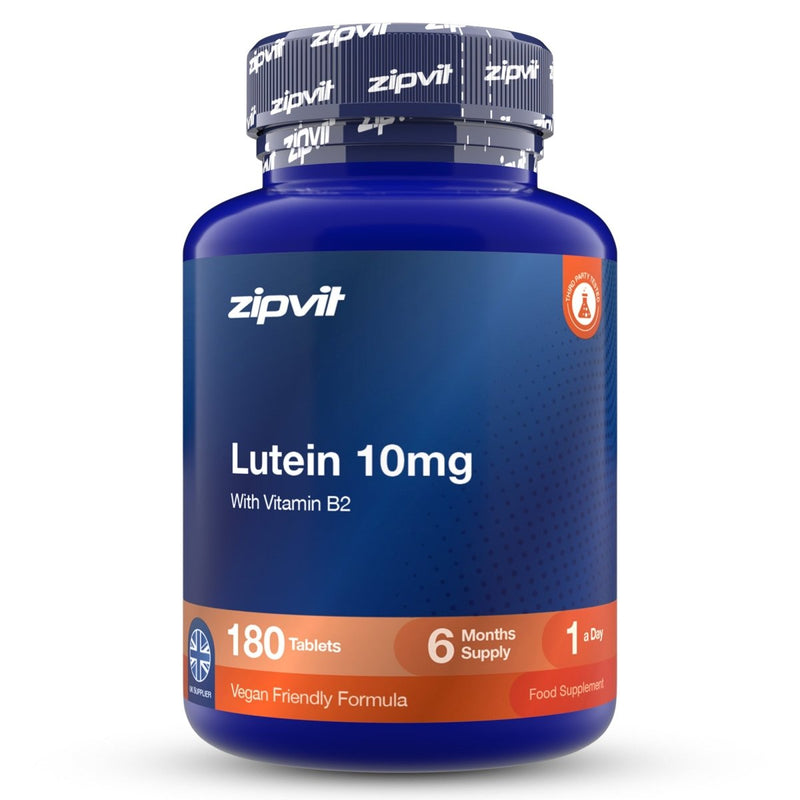 A blue bottle of zipvit Lutein 50mg dietary supplement with a ribbed dark blue cap, shown on a clean white background.