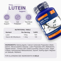 LUTEIN Support infographic showing Vision Support Cell Protection and Red Blood Cells icons a nutritional table and a Lutein 10mg bottle on the right