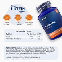 A bottle of zipvi Lutein 50mg dietary supplement capsules shown on a light gray background with product information, icons for vision support, cell protection, and red blood cells, and a nutritional table.