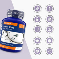Lutein 50mg bottle with round icons to the right showing GMO free gluten free dairy free nut free and more.