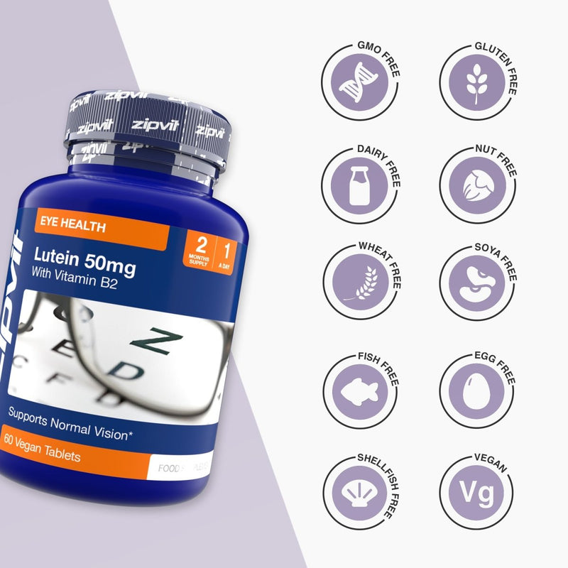 Lutein 50mg bottle with round icons to the right showing GMO free gluten free dairy free nut free and more.
