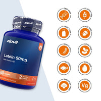 A blue bottle of zipvit Lutein 50mg dietary supplement capsules shown on a white background with a column of orange circular icons indicating product attributes such as GMO free, gluten free, dairy free, nut free, wheat free, soy free, fish free, egg free, shell fish free, and vegan.
