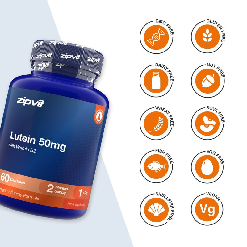 A blue bottle of zipvit Lutein 50mg dietary supplement capsules shown on a white background with a column of orange circular icons indicating product attributes such as GMO free, gluten free, dairy free, nut free, wheat free, soy free, fish free, egg free, shell fish free, and vegan.