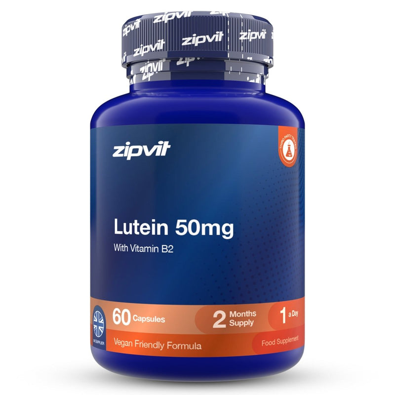 A blue bottle of zipvit Lutein 50mg dietary supplement with a ribbed dark blue cap, shown on a clean white background.