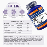 Blue Practitioners Lutein Plus bottle tilted left with GMO free and gluten free icons shown on the right