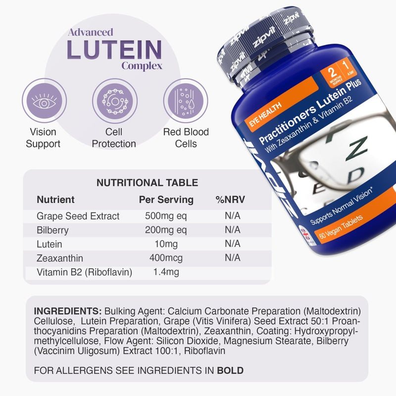 Blue Practitioners Lutein Plus bottle tilted left with GMO free and gluten free icons shown on the right